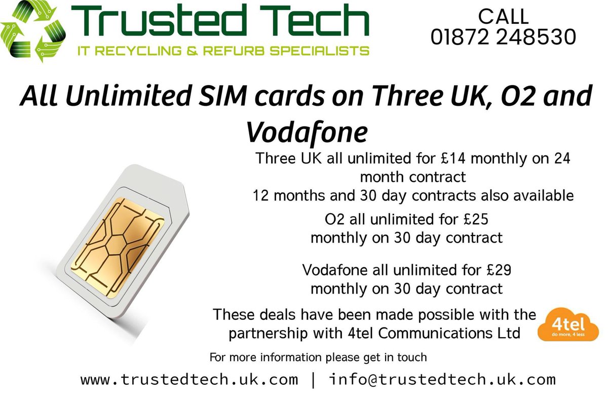 TrustedTech1's tweet image. All Unlimited SIM cards on Three UK, O2 and Vodafone