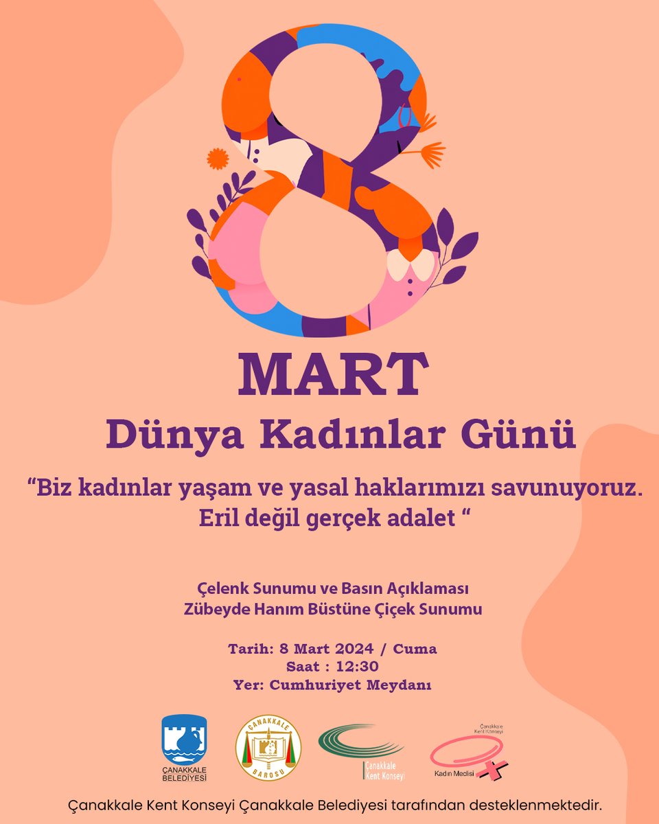 Çanakkale Kent Konseyi Kadın Meclisi ve Çanakkale Barosu Kadın Komisyonu olarak 8 Mart Dünya Emekçi Kadınlar Günü’nü kutluyoruz. 

ÇANAKKALELİ TÜM KADINLARI BEKLİYORUZ

Tarih: 8 Mart 2024 / Cuma
Saat : 12:30
Yer: Cumhuriyet Meydanı