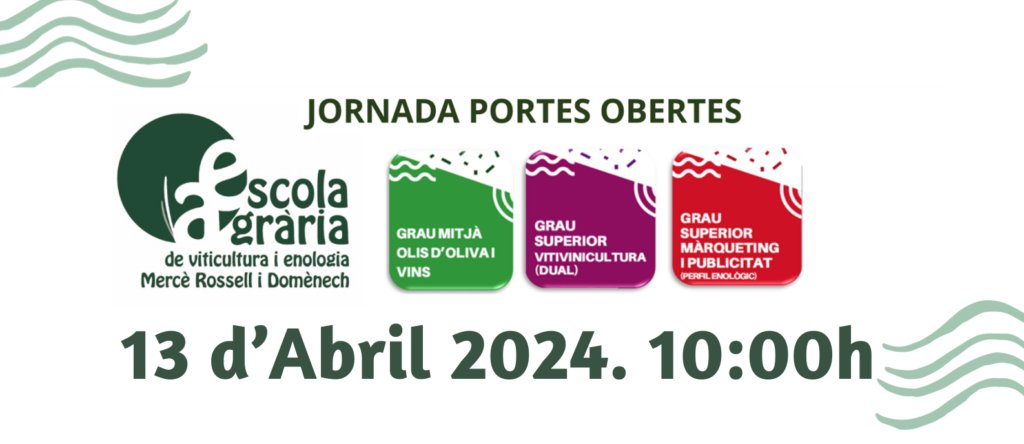 escolaespiells's tweet photo. Ja et pots inscriure a la Jornada de portes obertes de l'escola el proper dissabte 13/4/24 a la web del centre: https://t.co/cPJn6fpLqs
No t'ho perdis! P.A.
#ViuEspiells;#formació;#FP;#escolesagràries; #ciclesformatius ;#vitivinicultura🍷🍇 ;#Viticultura;#marketing;#Olis https://t.co/RDsjAYDGxr