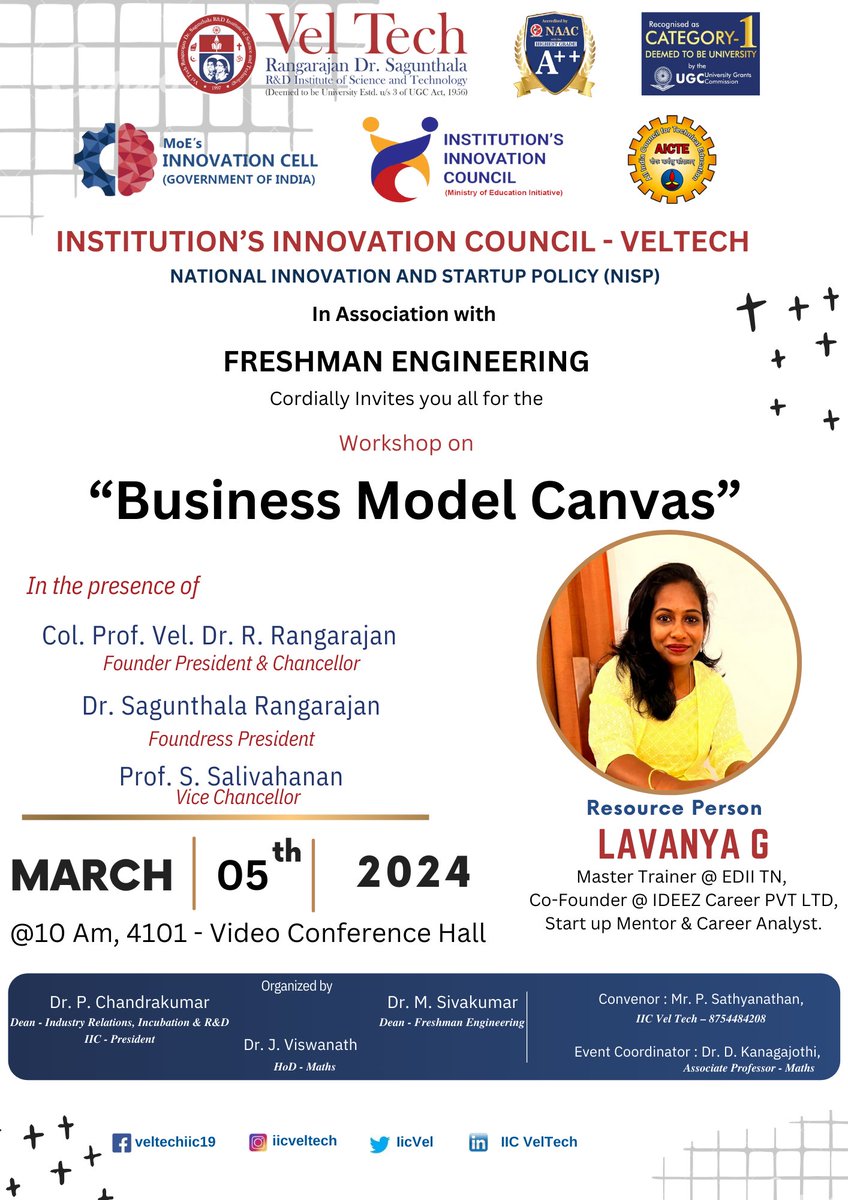 IicVel's tweet photo. IIC – Vel Tech &amp; Freshman Engineering 
IIC 6.0 Calendar Activity Workshop on “Business Model Canvas” 05.03.2024,10:00am at 4101, Video Conference Hall.
Resource Person:
Ms. Lavanya Gopal,
Master Trainer @ EDII TN
Co-Founder @ IDEEZ Career Pvt Ltd
Startup Mentor &amp; Career Analyst https://t.co/xHGRhicUhl