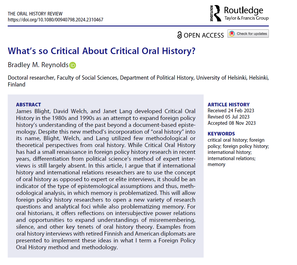 #OpenAccess reading for my new article in <a href="/oralhistreview/">Oral History Review</a> 🥳 

A method(ological) paper problematizing memory in FP history interviews + initial thoughts on emotions of Finlandization/why it may be difficult to discuss #Memory #CriticalOralHistory #ulpo

tandfonline.com/doi/full/10.10…