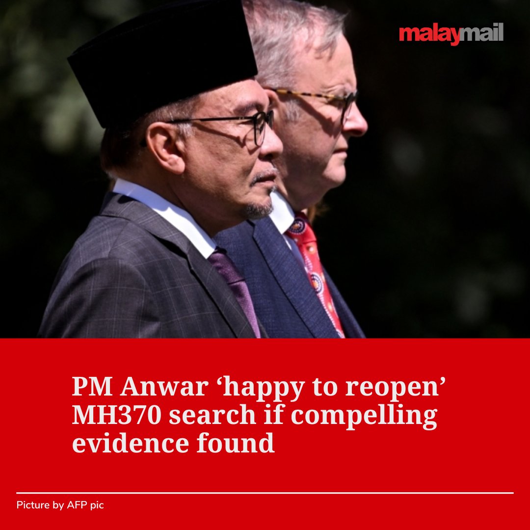 malaymail's tweet photo. Malaysian Prime Minister Datuk Seri Anwar Ibrahim said today he would be “happy to reopen” the search for flight MH370 if “compelling” evidence emerged, opening the door to a renewed hunt a decade after the plane disappeared.

His comments came as the families marked 10 years since the plane vanished in the Indian Ocean with 239 people aboard.

Malaysia Airlines flight 370, a Boeing 777 aircraft, disappeared from radar screens on March 8, 2014, while en route from Kuala Lumpur to Beijing.

Despite the largest search in aviation history, the plane has never been found and the operation was suspended in January 2017.

#MH370 #AviationSafety #MalaysiaAirlines #AirlineSecurity