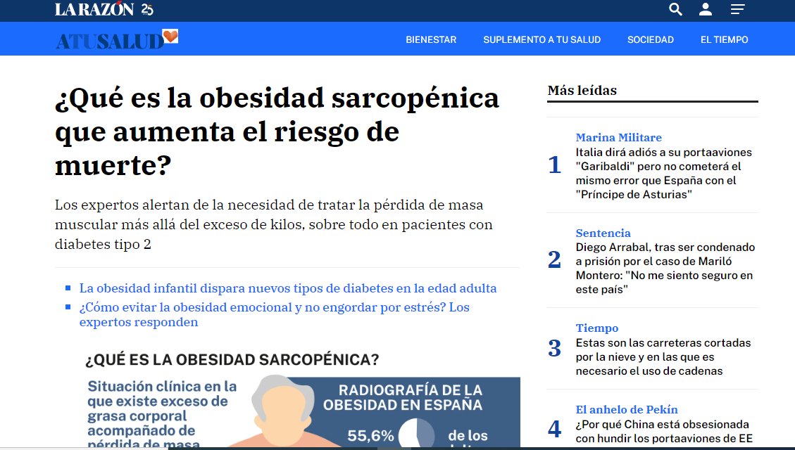 📰Participamos en este reportaje de @larazon_es (#Atusalud) de la mano de nuestra presidenta, la Dra. @CarreteroJuani, para hablar sobre qué es la 'obesidad sarcopénica' y sobre cómo debe ser su correcto abordaje en el marco, hoy, del #DíaMundialObesidad 2024.…