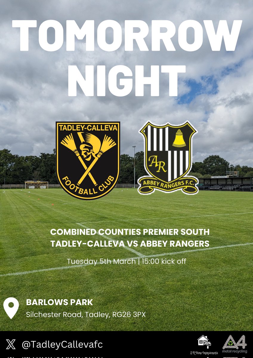 We attempt to overcome the weather once more tomorrow night as we welcome <a href="/abbeyrangers/">Abbey Rangers FC</a> to Barlows Park. 

Another extremely important fixture and one in which we need your support. 

#TCFC | #Romans