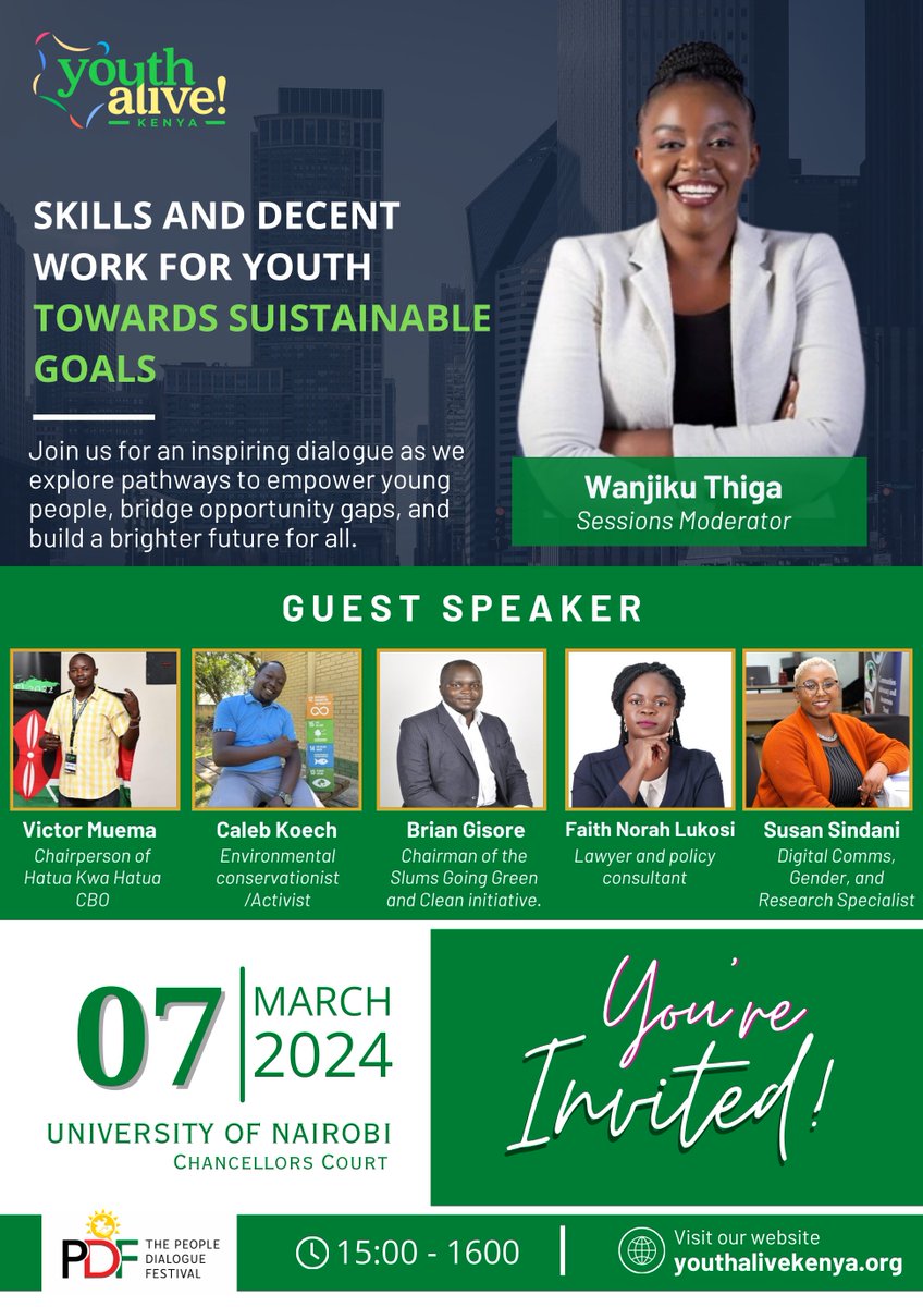 Get ready for a lively discussion at the People's Dialogue Festival! 🌐 Join us on March 7th, 2024, from 15:00 to 16:00 as Youth Alive Kenya takes the stage with our panel on 'Skills and Decent Work for Youth towards Sustainability.' 🌱  See you there! 🎉