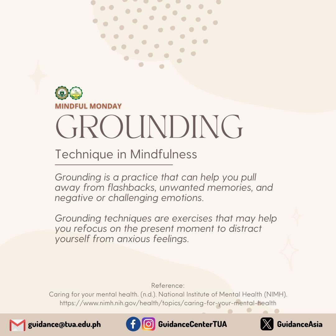 GuidanceAsia's tweet photo. 1/3 𝑀𝒾𝓃𝒹𝒻𝓊𝓁 𝑀𝑜𝓃𝒹𝒶𝓎

Grounding focuses on distraction strategies that is intended to help when you're overwhelmed with emotions. It anchors you to the present and to reality, helping you get through stressful moments and gain control over negative emotions. https://t.co/BxzEpahorI