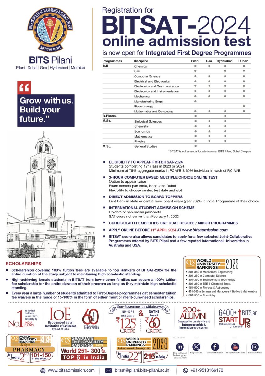 #BITSAT2024 #bitspilani #BITSAdmissions 
Start your journey towards academic excellence at BITS Pilani by registering for BITSAT. Join a legacy of innovation and brilliance to pave the way for your future success.

#Register now: lnkd.in/fsHHRgg
#deadlinealert : 11th