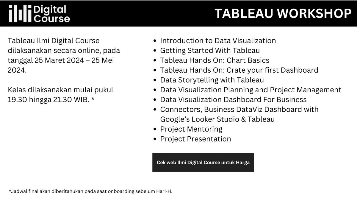 MikaelDewabrata's tweet photo. Saya bersama @ilmidigital akan mengadakan kelas Tableau secara online. Pelaksaanannya di 25 Maret - 25 Mei 2024.

Kelas akan dilakukan dari jam 19.30-21.30 , jadwal lengkapnya akan dibantu oleh admin Ilmi Digital Course.

Jika ada yang minat bisa cek di URL di post berikut. https://t.co/nOoJkQjfe4