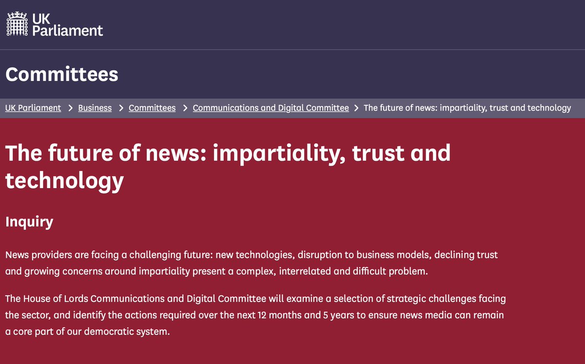 I'm delighted that UK Parliamentary Committee on the future of news has accepted my team's C-TRUTH research into fake news. I hope the inquiry will help strengthen the media landscape and built trust in impartial news providers. See: committees.parliament.uk/writtenevidenc…