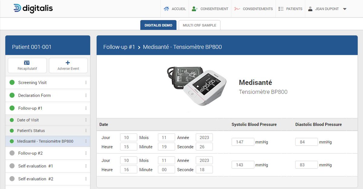 DigitalisCDC's tweet photo. Use case of the Digitalis Data Hub: Medisanté Blood Pressure devices provide measurements from patient that can be realized at home or at hospital. Collected data is acquired in the CRF within a minute. Association between the CRF and the patient is based on a unique device id. https://t.co/COm2H6DV6b