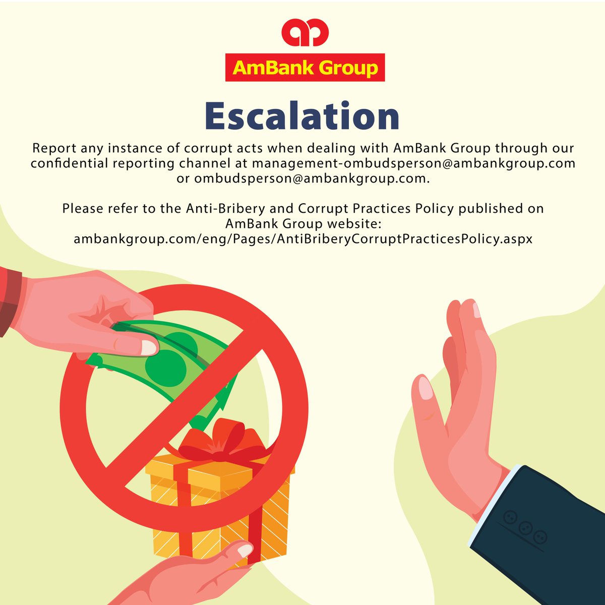AmBankMY's tweet image. At AmBank Group, we have a zero-tolerance policy towards all forms of bribery and corruption. We have produced an infographic, summarising the details.
For more info, please visit ambankgroup.com/.../AntiBriber…...
#AmBank #ABCP #AmBankPolicy