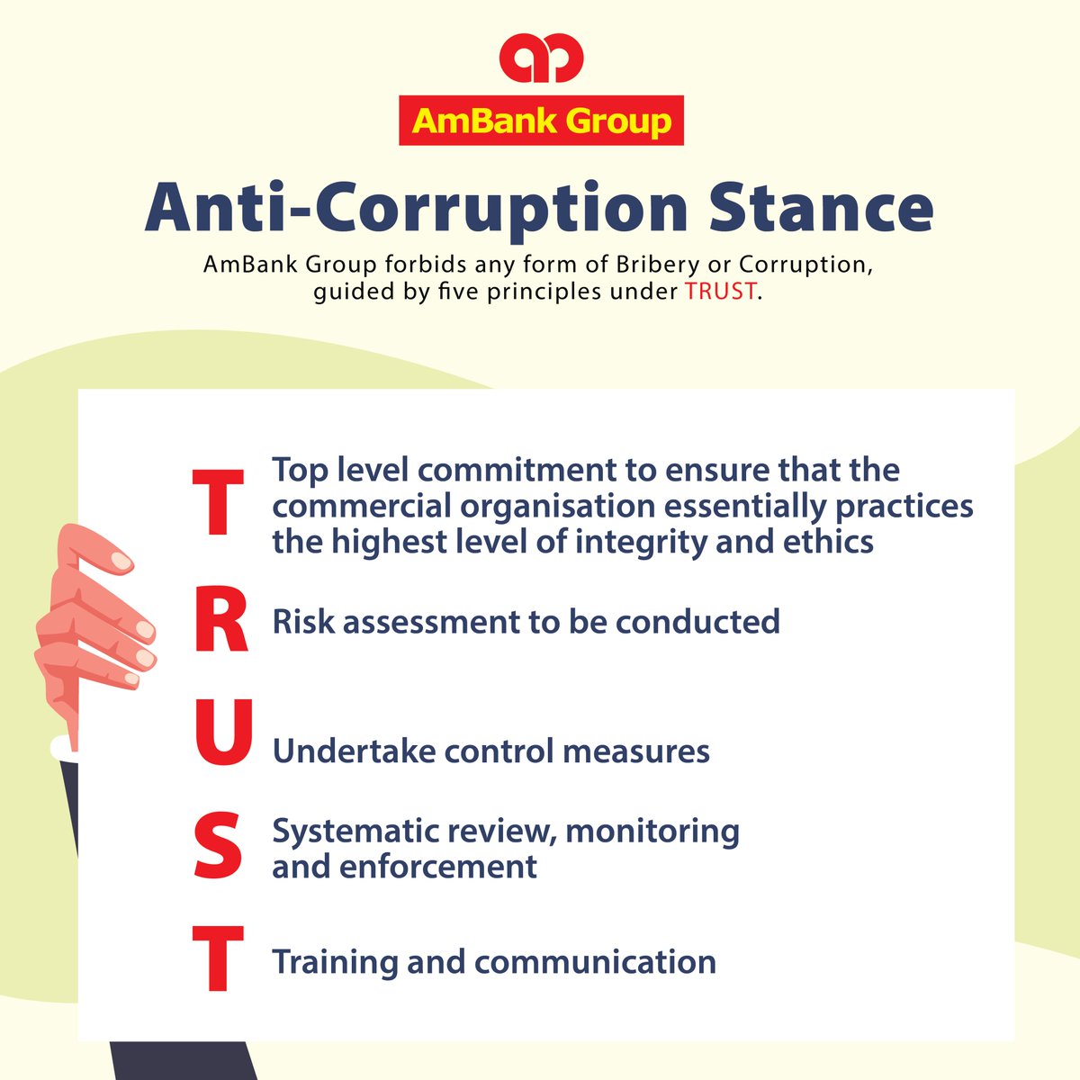 AmBankMY's tweet image. At AmBank Group, we have a zero-tolerance policy towards all forms of bribery and corruption. We have produced an infographic, summarising the details.
For more info, please visit ambankgroup.com/.../AntiBriber…...
#AmBank #ABCP #AmBankPolicy