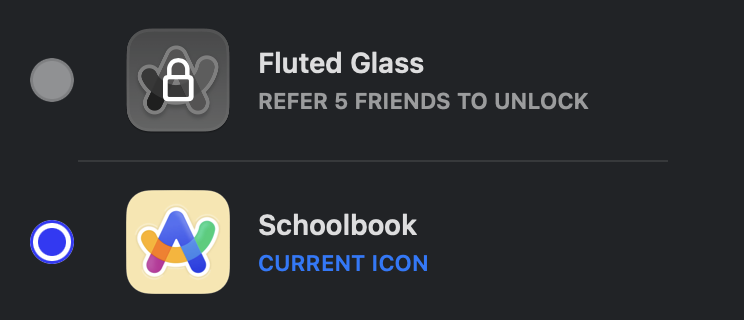 Unlock Arc app icon with Terminal commands defaults write company.thebrowser.Browser currentAppIconName -string schoolbook (flutedGlass, neon, colorful)