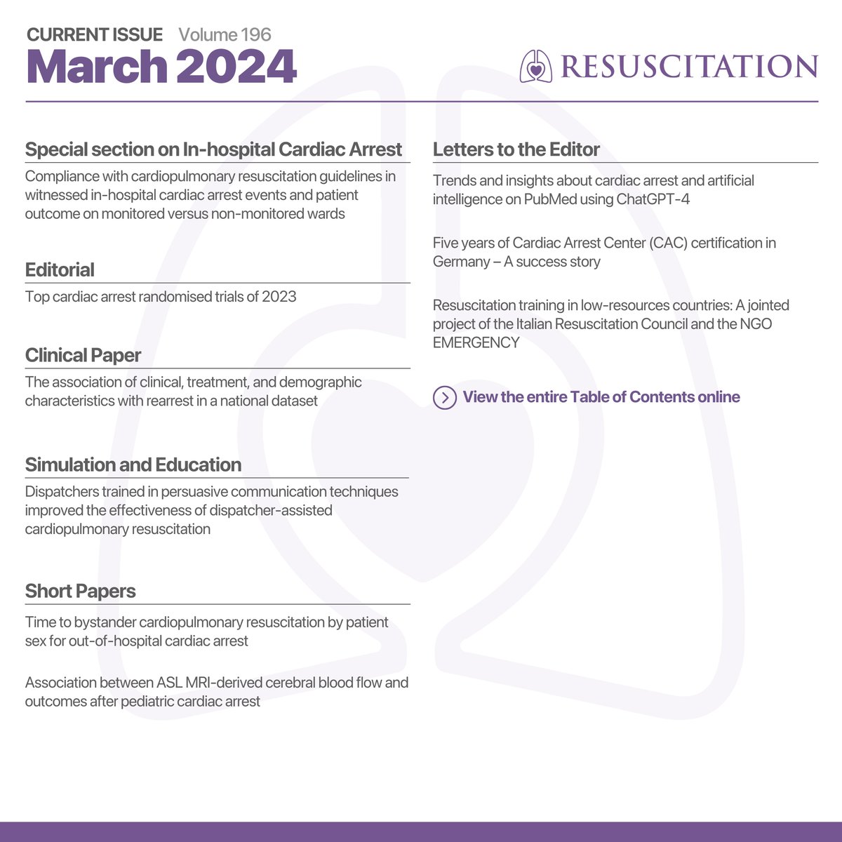 Read the articles published on Resuscitation in the fields of #CardiacArrest and #CPR in the latest issue of March 2024 (volume 196). 🔗 resuscitationjournal.com/issue/S0300957… #Resuscitation