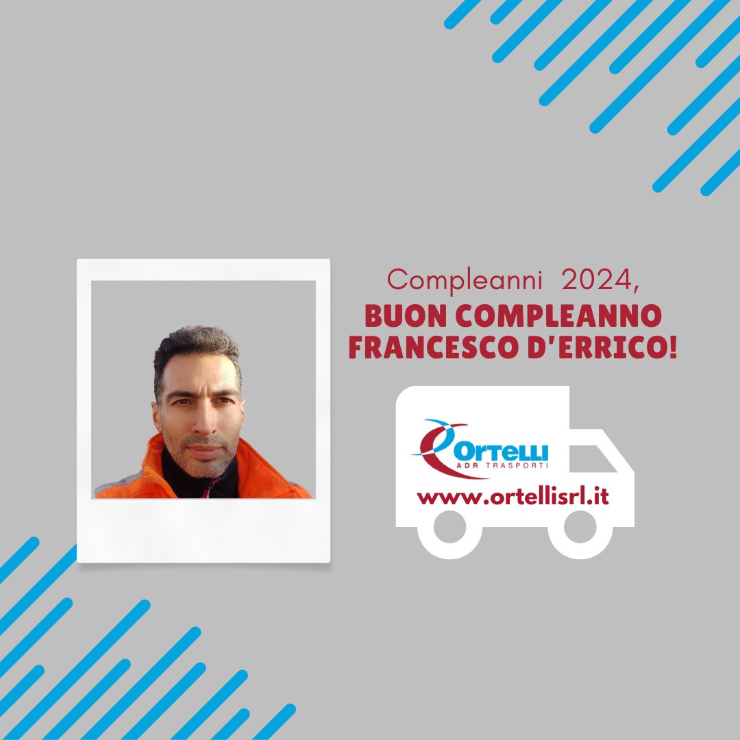 OrtelliSrl's tweet photo. 🎂Augurissimi al nostro caro #autista FRANCESCO D'ERRICO nel suo compleanno!❤🎉🎁🎈

💙Un abbraccio da parte di tutto il team!

🚚👉https://t.co/MSGwE6pUoh
📞(+39) 035 4948530
📨info@ortellisrl.it

#autotrasporti #adr  #ortellisrl https://t.co/mEOaPnxJaN