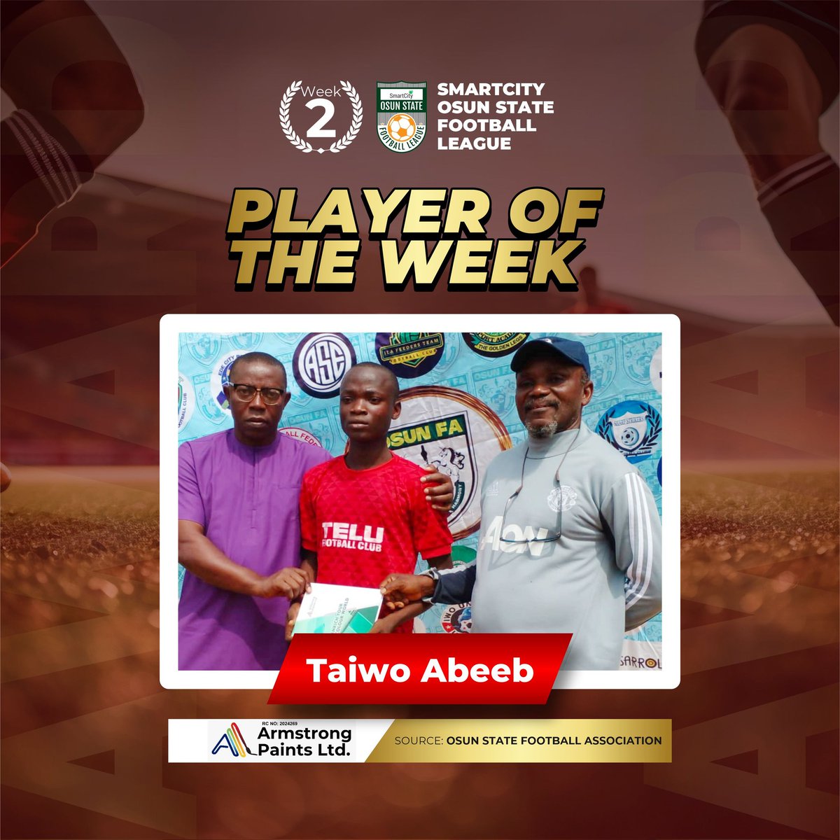 Taiwo Habeeb of Telu FC, Iwo, wins the #ArmstrongPaints Player Of the match for Week three. 

#SmartCityPLCOsunFALeague
#ArmstrongPaints
#SoteroWater. 
#BlackDrumTV