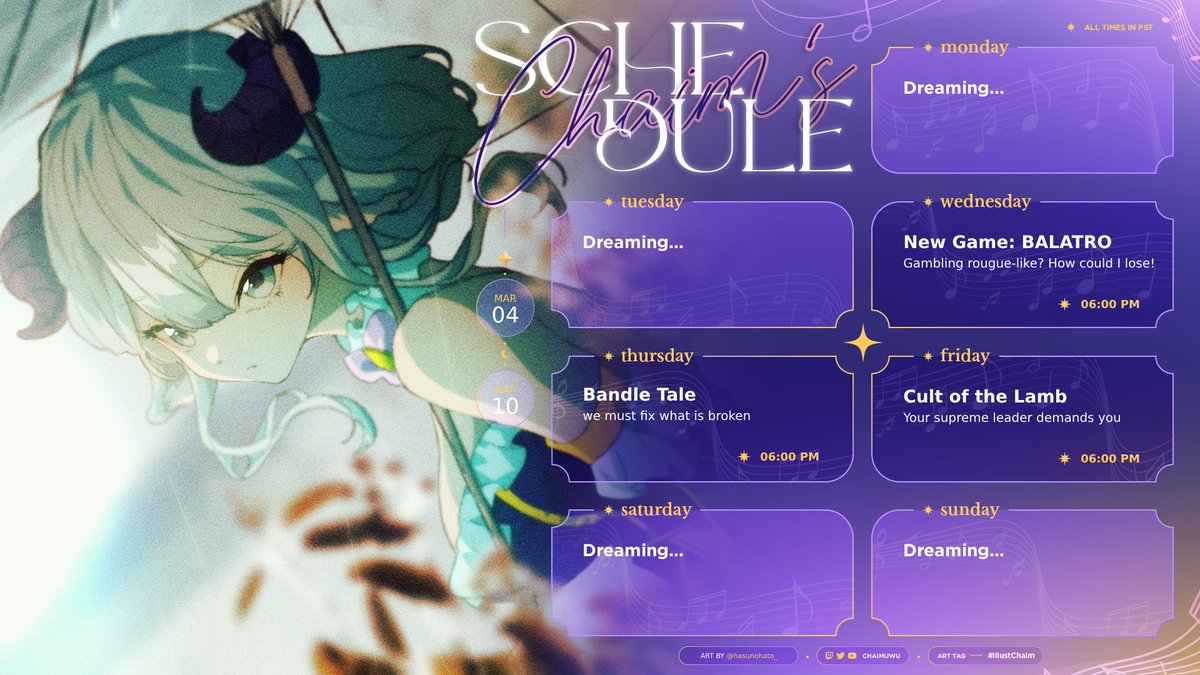 chaimuwu's tweet photo. ✧ Schedule for Mar 04 - Mar 10 ✧  

Back to our regular gaming sessions! Playing a new game that I've been loving watching lately, and also returning to some oldies! 💜 Let's have a fun week as always~

https://t.co/HKowZHxCl8

—————✧—————
[ #ChaimTable #vtuber #ENvtuber ] https://t.co/xPJjkcmKqF