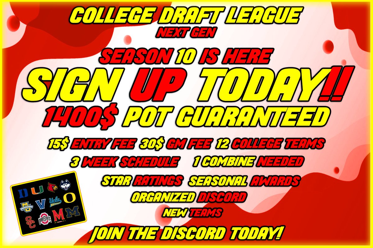 🚨 SEASON 10 REGISTRATION IS NOW OPENED🚨

🏀- 12 COLLEGE TEAMS 

🎫- 15$ ENTRY FEE

🤵- 30$ GM FEE 

📋 - COMBINES WILL BE STARTING 3/6 

📅 - 3 WK SCHEDULE + PLAYOFFS 

JOIN THE DISCORD AND SIGN UP TODAY👇 discord.gg/nvyvjfBTt4