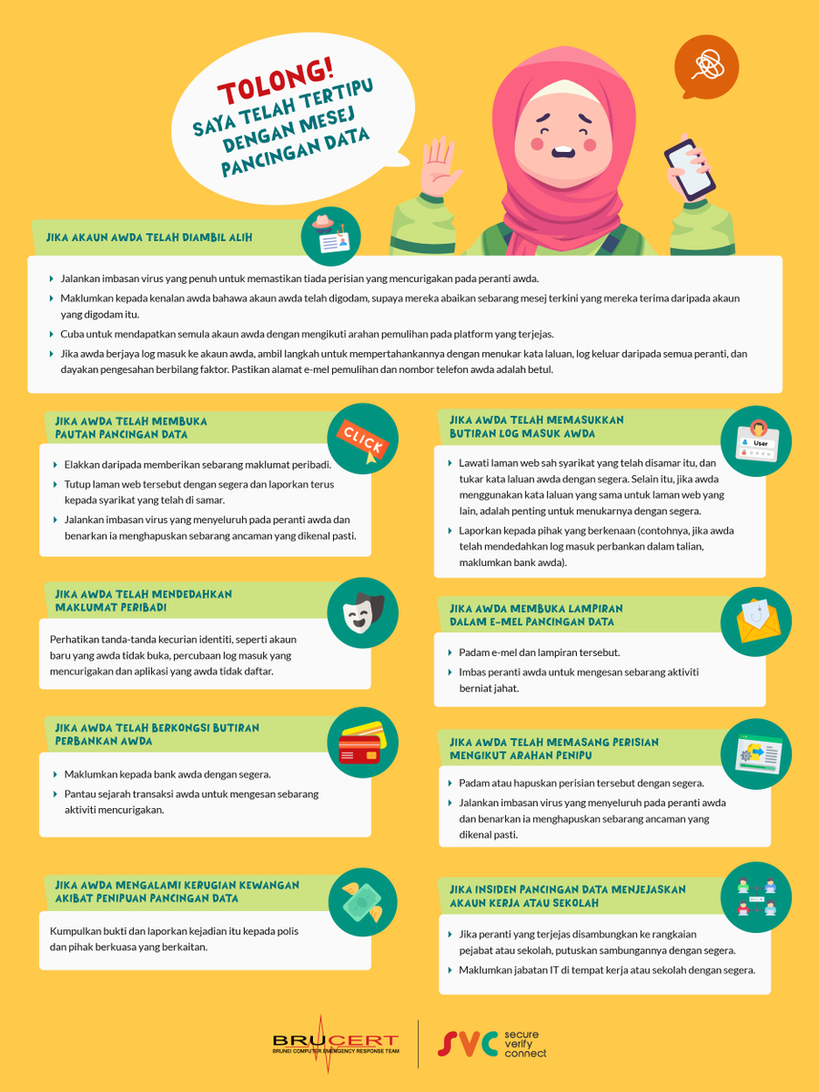 BruneiCERT's tweet photo. Jangan sekali-kali berinteraksi dengan mesej yang mungkin menjadi penipuan. Berikut ialah panduan tentang perkara yang perlu dilakukan jika awda telah mengalami serangan pancingan data. https://t.co/NbTh7TFxzP