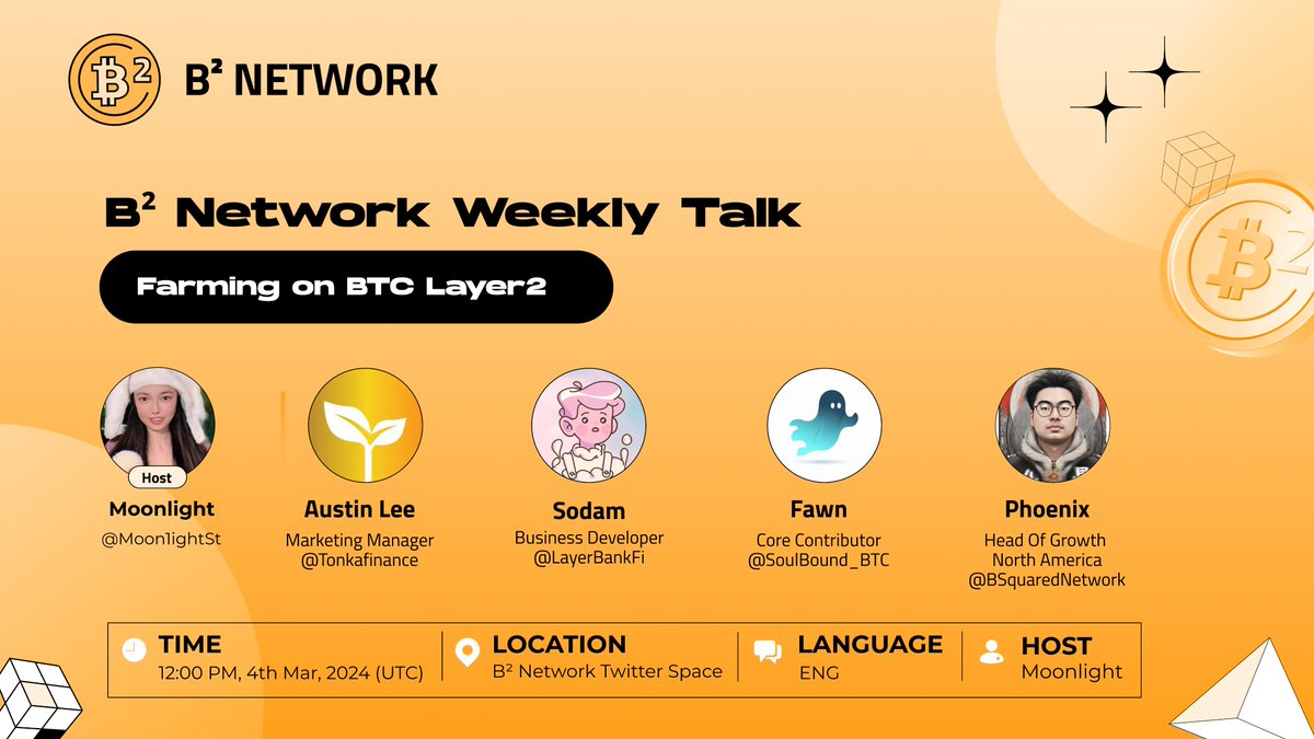 B² Network AMA session! 📣 🔸 Farming on BTC Layer2 ⏰ 12PM UTC, March 4th 🔗 x.com/i/spaces/1zqkv… Hosted by Moonlight @Moon1ightSt 🗣 - Austin Lee, Marketing Manager @Tonkafinance - Sodam, Business Developer @LayerBankFi - Fawn, Core Contributor @SoulBound_BTC - Phoenix,…