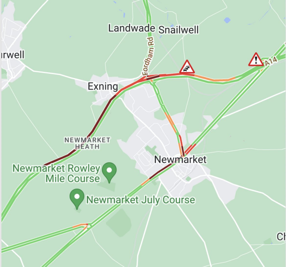 #A14 eastbound - two lanes closed and queueing traffic - between J37 (Newmarket/A142) and J38 (A11) - due to emergency drainage repairs - following extensive flooding - queues back passed BP Newmarket Services - 25 minute delays towards Bury St Edmunds