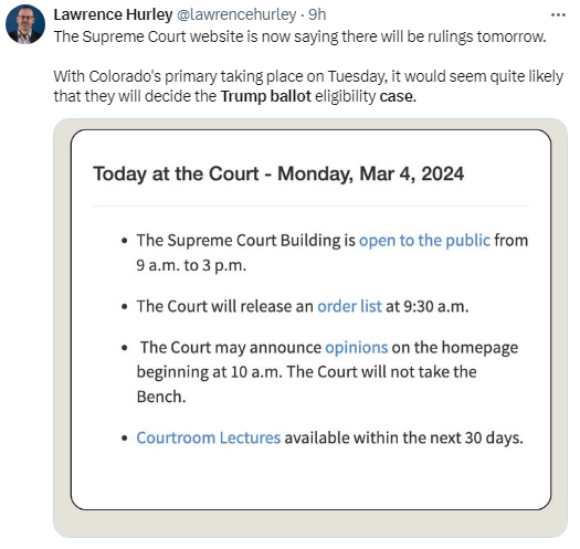 johnpelwood's tweet photo. So @rickhasen, @EdWhelanEPPC, @lawrencehurley, and to a lesser extent @chrisgeidner all seem to expect that we'll get the #SCOTUS decision in the Colorado Trump ballot case tomorrow morning at 10 am, ahead of the March 5 Colorado primary. Everyone brace for a day of Hot Takes. https://t.co/GXPsA4JpAb