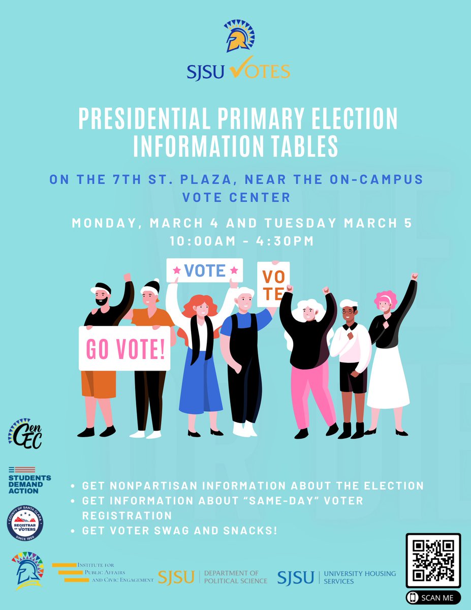 SJSUvotes's tweet image. Join SJSU Votes and partners tomorrow and Tuesday @SJSU on the 7th St Plaza. Get nonpartisan info, swag, and snacks. #sjsuvotes #VoteReady @SLSVCoalition @allintovote @CASOSVote @sjsucoss