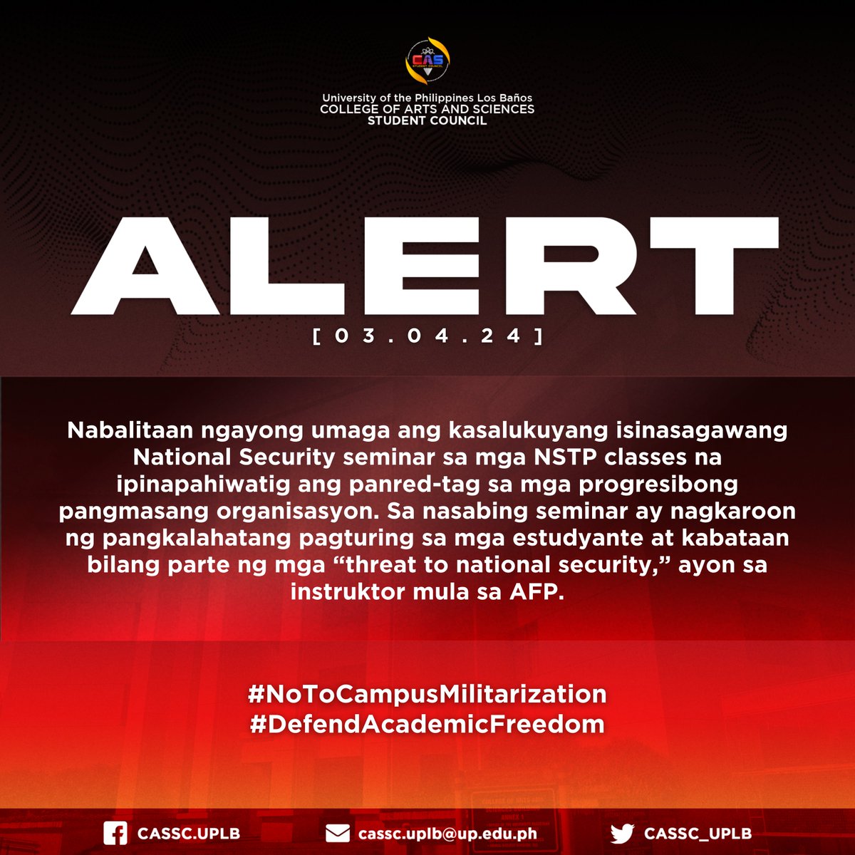 ALERT | Nabalitaan ngayong umaga ang kasalukuyang isinasagawang National Security seminar sa mga NSTP classes na ipinapahiwatig ang panred-tag sa mga progresibong pangmasang organisasyon. BASAHIN: bit.ly/3IkXakH #NoToCampusMilitarization #DefendAcademicFreedom