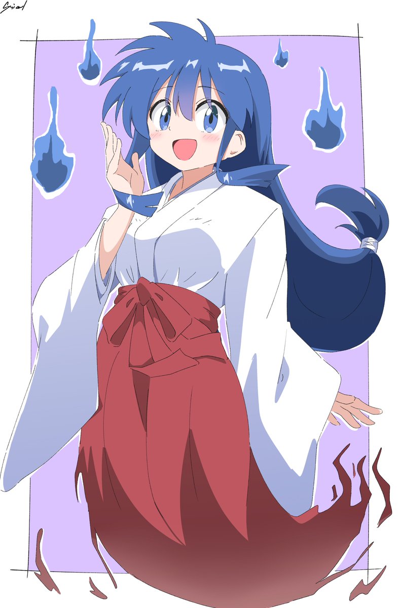 1girl japanese clothes solo long hair blue hair blue eyes miko  illustration images