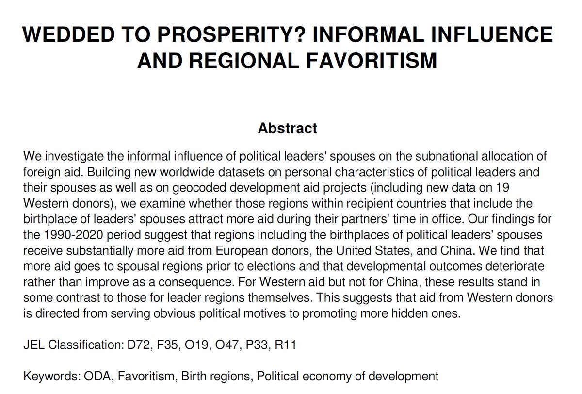 How can we measure informal influence of leaders’ unelected spouses? We use our Geocoded ODA Data (GODAD) to test whether sub-national regions where leaders’ spouses are born receive more aid. They do - from European donors, the US, China! Paper and data: godad.me
