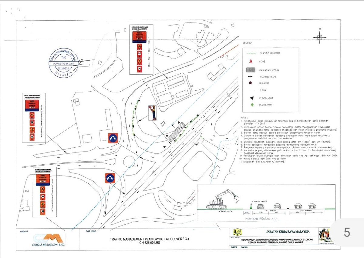 NOTIS MAKLUMAN:

PROJEK MENAIKTARAF JAMBATAN SULTAN HAJI AHMAD SHAH TEMERLOH

PERKARA : PELAN PENGURUSAN TRAFIK BAGI KERJA
ACCESS CULVERT 3 CH 1200
2. Pejabat ini akan melaksanakan kerja-kerja pemasangan "culvert" melibatkan penutupan jalan. Rev. 03" di Kampung Seberang Tebal