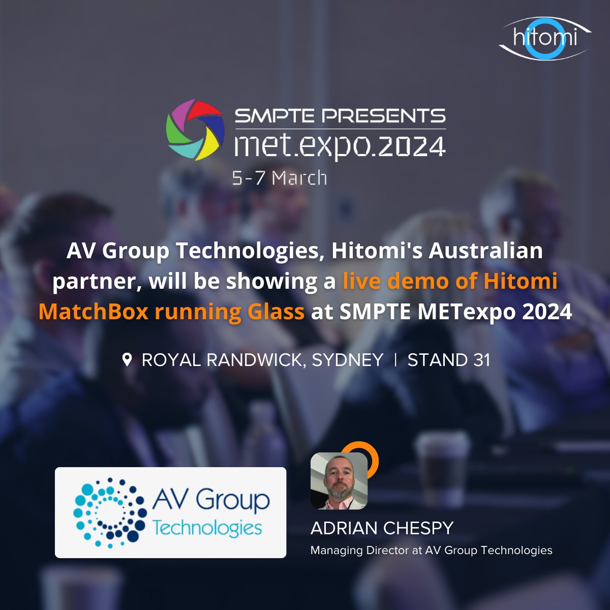 HitomiBroadcast's tweet photo. Don’t forget to visit Stand 31 at this week’s #SMPTE #METexpo where Adrian Chespy and the #AVGroupTechnologies team will be showing a live demo of Hitomi #MatchBox running Glass.
https://t.co/pJvgQy4c44 #lipsync #alignment #broadcast #remoteproduction #MatchBoxGlass @theavgrop https://t.co/YzsV7c3CDC