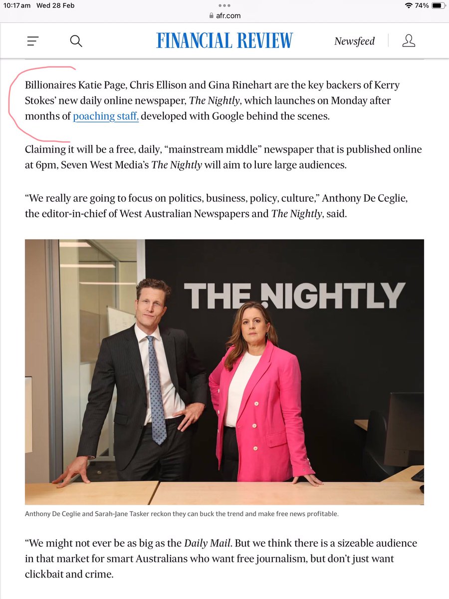 @VictoriaFreshy @ShiannonC YES - most disturbing!  The Dominant Conservative Media, abt to be increased by Stokes’ launch of his RightWing on-line publication ‘Fortnightly’ (challenging The SaturdayPaper &TbeMonthly❓❓)Stokes is describing it as ‘MainstreamMiddle’   as if it will be! Look at the backers,