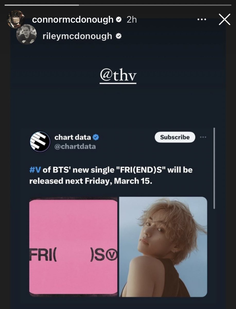 Taehyungimpact's tweet photo. Connor McDonough &amp; Riley McDonough were both taken part in the co-wrote/co-produced of "FRI(END)S". They’re the writer &amp; producer of Joji’s “Glimpse of Us,”

Friends by V is gonna be masterpiece 👀 https://t.co/PxvUQhaGbM