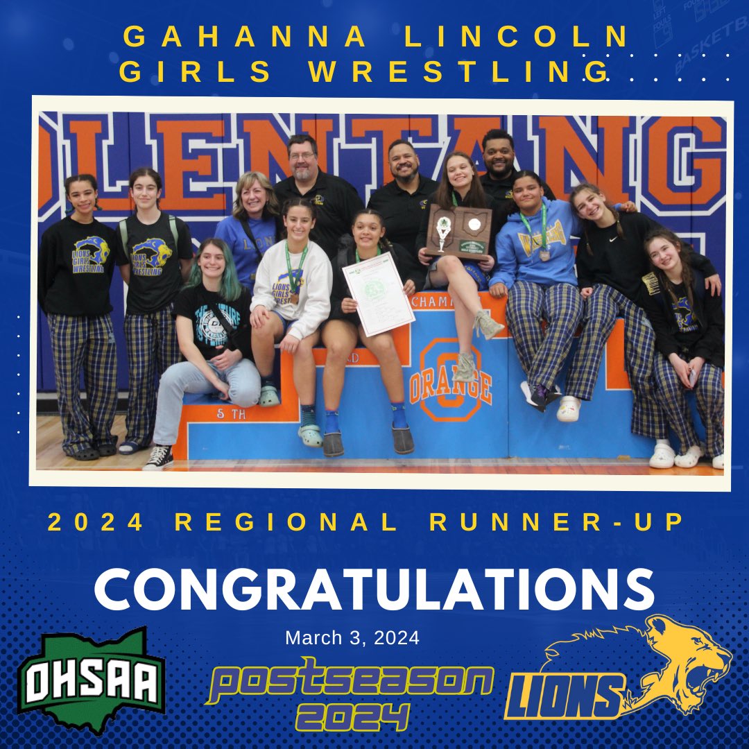 Congratulations <a href="/GLHS_Athletics/">Gahanna Lincoln Athletics</a> Girls Wrestling Team. Team Regional Runner-up today at Olentangy Orange. First time in school history!  Also congratulations Emily, Jordan and Kylee moving on to the state tournament!  <a href="/GahannaLHSWREST/">Gahanna Wrestling</a> <a href="/GahannaJeffersn/">Gahanna-Jefferson</a> <a href="/GLHSLions/">Gahanna Lincoln HS</a>