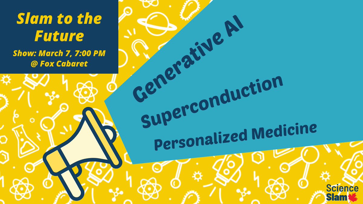 Come out to Slam to the Future on March 7! 

In our final live show of the season learn about generative AI, superconductors, personalized medicine and more!

Get your tickets here: app.3common.com/event/public/s…

Please 👍 & share! 

#scicomm #supportlocal #YVRevents #YVR #Vancouver