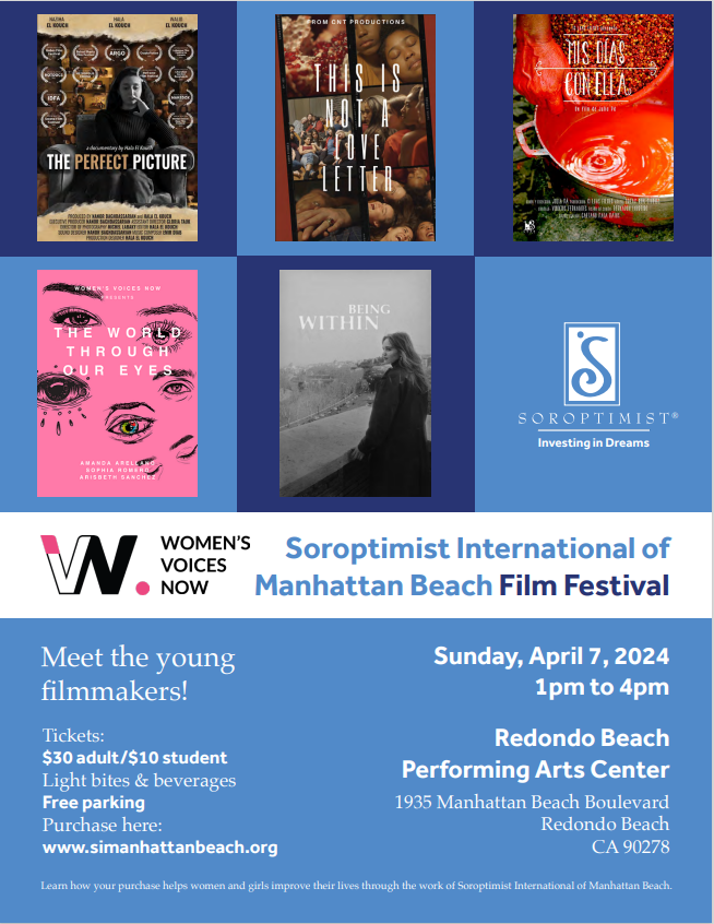 SoroptimistMan1's tweet photo. Soroptimist International Manhattan Beach is hosting a short film festival featuring powerful content by Women's Voices Now, on Sunday, April 7, 2024, from 1-4 p.m. at the Redondo Beach Performing Arts Center.  
https://t.co/DXTZrCUo0u. @WomensVoicesNow @WomenInFilm @soroptimist https://t.co/NDWRaM018O