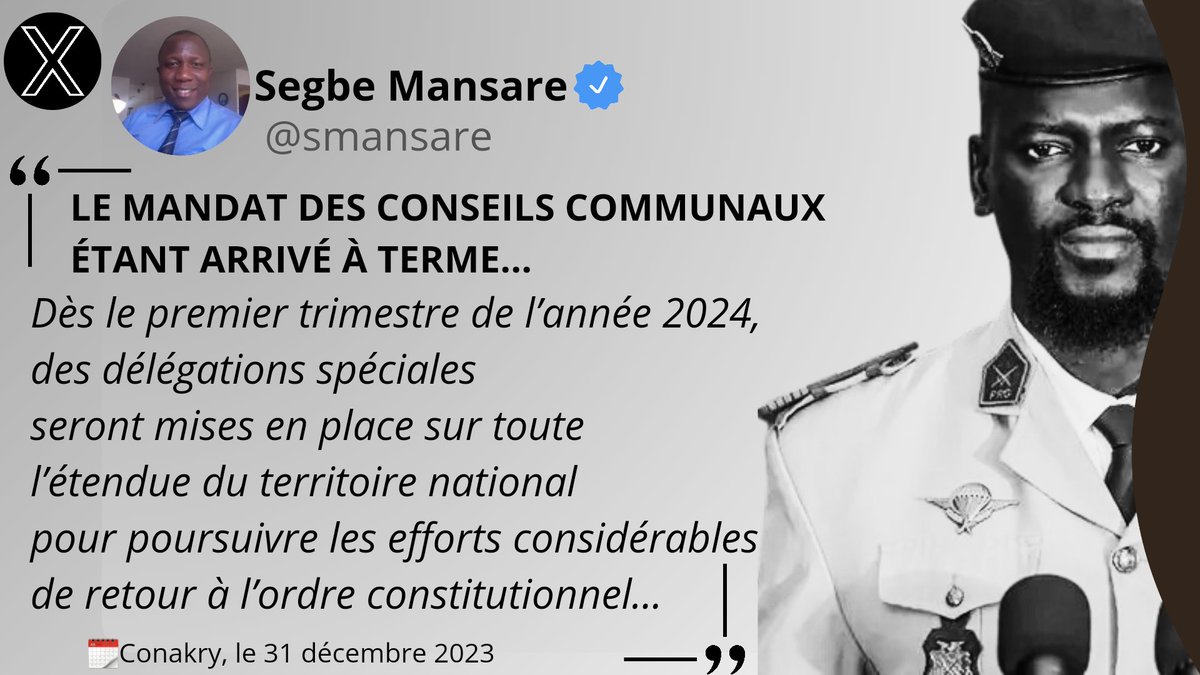 smansare's tweet photo. 🔴🇬🇳Le premier trimestre s'achève, et alors ? 

De mon humble point de vue, le Président de la transition devrait attacher du prix à l'exécution de ses engagements.

Conformément à la pratique républicaine, un discours présidentiel sur l'état de la Nation est un moment privilégié de communion entre le chef et un son peuple; l'occasion est sonc mise à profit pour présenter le cadre général de sa politique pour la ou les années à venir.

Je le dis et le répète, on ne fait pas dire n'importe quoi et n'importe quand, un président de la transition.

Chaque mot prononcé par un chef de l’État lorsqu'il s'adresse à son peuple, vaut son pesant d'or; surtout lorsque sa prise de parole rime avec un engagement, l'exécutif doit s'assurer de son exécution dans le délai imparti. 

Le Président de la transition devrait fonc attacher du prix à l'exécution de ses engagements.

"Donner sa parole, voilà qui engage au plus profond l’éthique. Si je donne ma parole, me voilà engagé à la tenir. 

Celui qui ne tient pas parole ne mérite pas qu’on lui fasse confiance et d’un certain point de vue il se place ainsi à l’écart de la communauté dont il fait partie tant est-il que toute vie communautaire suppose précisément la confiance dans la parole, dans le pouvoir de la parole, la croyance dans les mots."

Chers collaborateurs, arrêtons de faire mal paraître nos chefs.

Je le répète, le Président de la transition devrait attacher du prix à l'exécution de ses engagements.

L'État doit être fort sur l'essentiel et faible sur l'accessoire.

La conquête du pouvoir est une chose mais son exercice au quotidien en n'est toute une autre.

On en parle, parce-qu'on aime ce pays et nous voudrions l'accompagner jusqu'au bout.

"La liberté de critique des idées et des croyances, c'est le verrou qui garde en cage le monstre du totalitarisme."

"Dans une démocratie, il est nécessaire que les gens apprennent à supporter que leurs sentiments soient outragés."