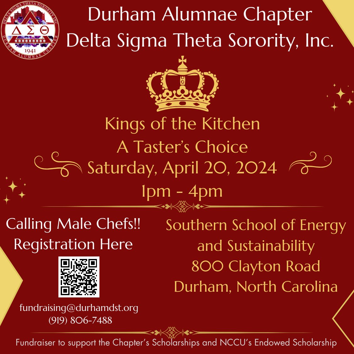 Calling All Chefs for a Kings of the Kitchen Fundraiser!! We are hosting a men who cook event on Saturday, April 20, 2024, from 1pm to 4pm at Southern School of Energy (800 Clayton Road, Durham NC).

Application for male chefs: form.jotform.com/240037294741151