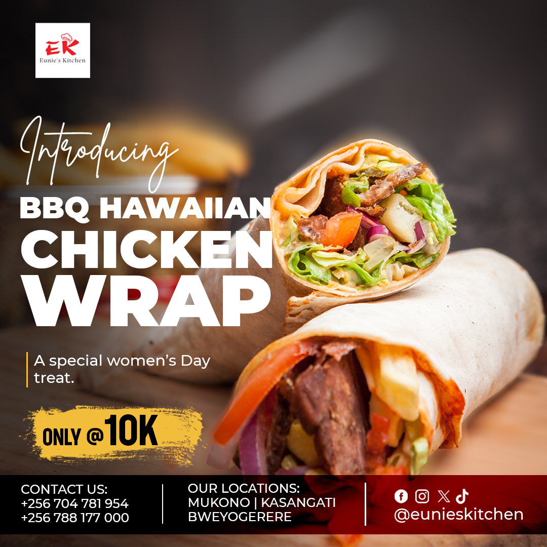 Gearing up for March as we celebrate #WomensDay24 

Every queen deserves a wrap. We are introducing our BBQ Hawaiian chicken warp at only 10K.

A special women's day treat. 💃💃💃

Book a date with us cal:
👉Kasangati: 0704781954
👉Mukono: 0788177000
👉Bweyogerere: 0702570042