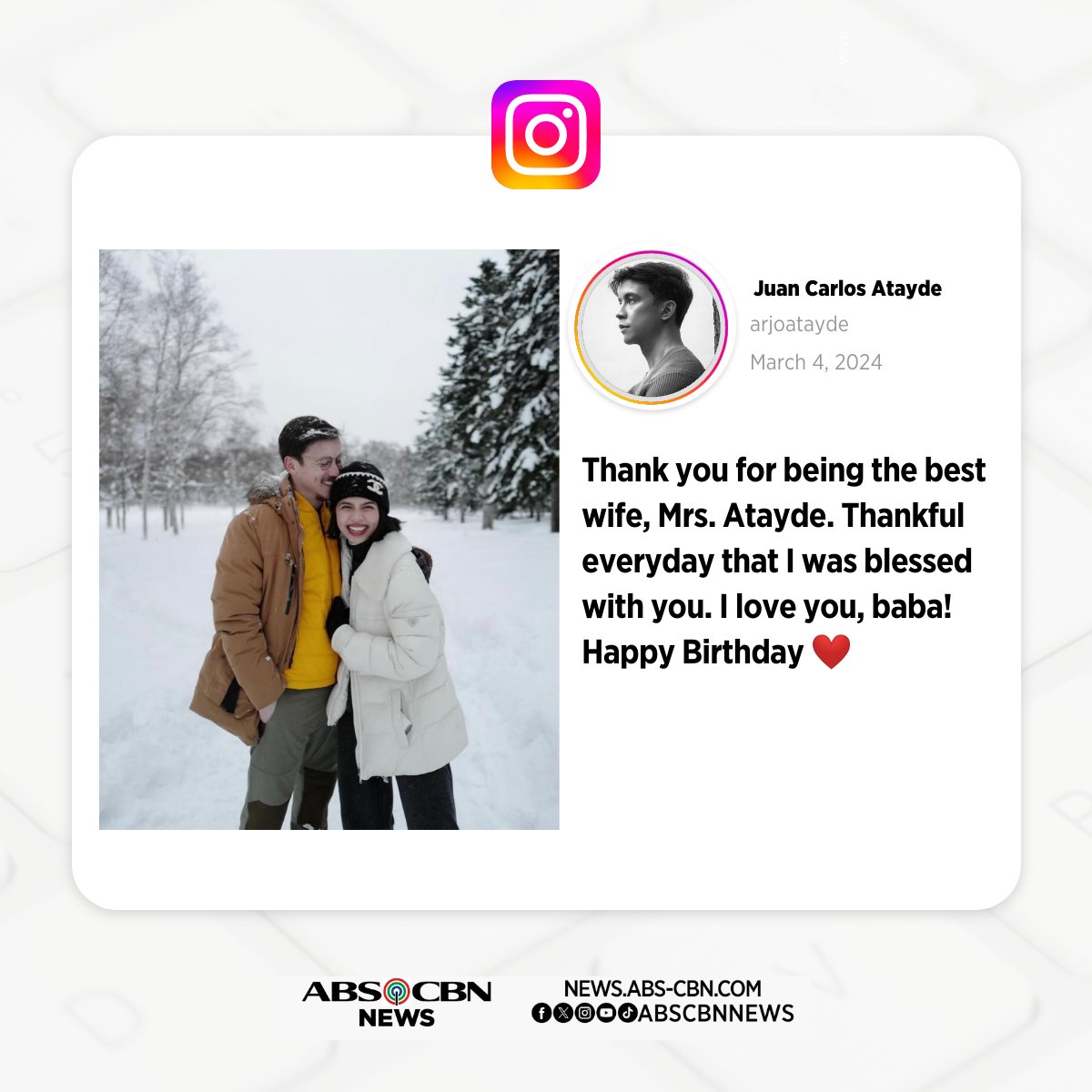 'Thankful everyday that I was blessed with you.' 💖 Arjo Atayde pens a heart-warming message for his wife Maine Mendoza on her birthday last March 3. READ: news.abs-cbn.com/entertainment/…