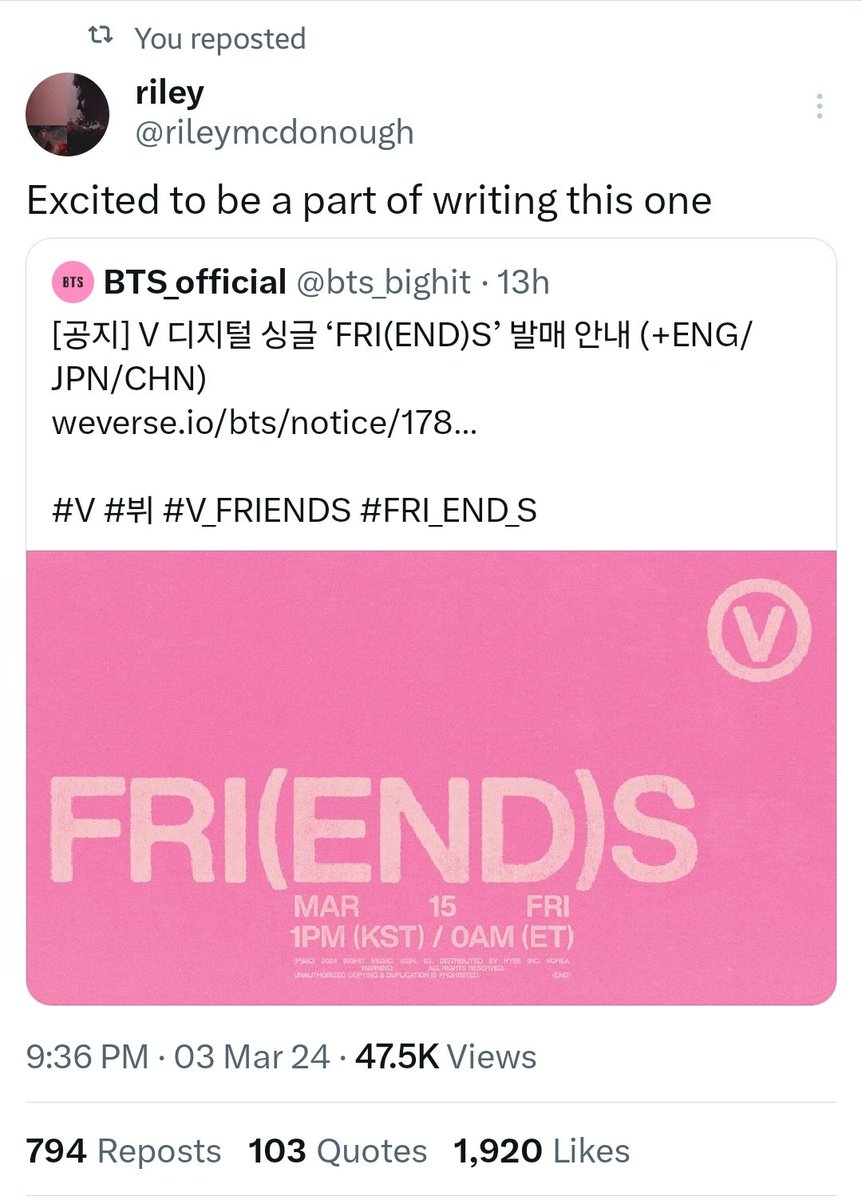 BYEyucatan's tweet photo. Riley and Connor co-wrote the new BTS V song, which will be released on March 15, this is very exciting for me as Exiter and Army. 🥹💜 https://t.co/he3JVFX9IY