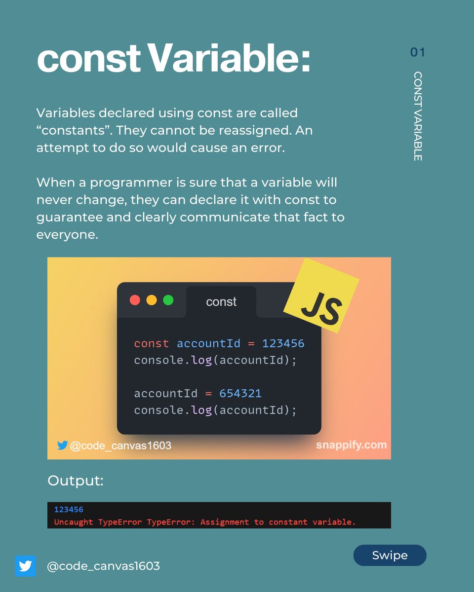 code_canvas1603's tweet photo. 🎉 Welcome to our First Lesson: Variables in JavaScript! 🎉

Are you ready to take your first step into the exciting world of JavaScript programming? Today, we're diving deep into the fundamental concept of variables. https://t.co/jNzsKoUa6o