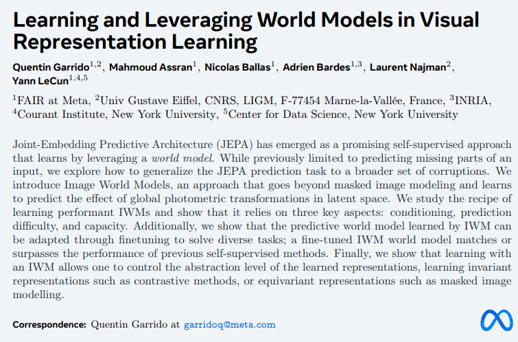 Meta presents Image World Model Learning and Leveraging World Models in Visual Representation Learning arxiv.org/abs/2403.00504