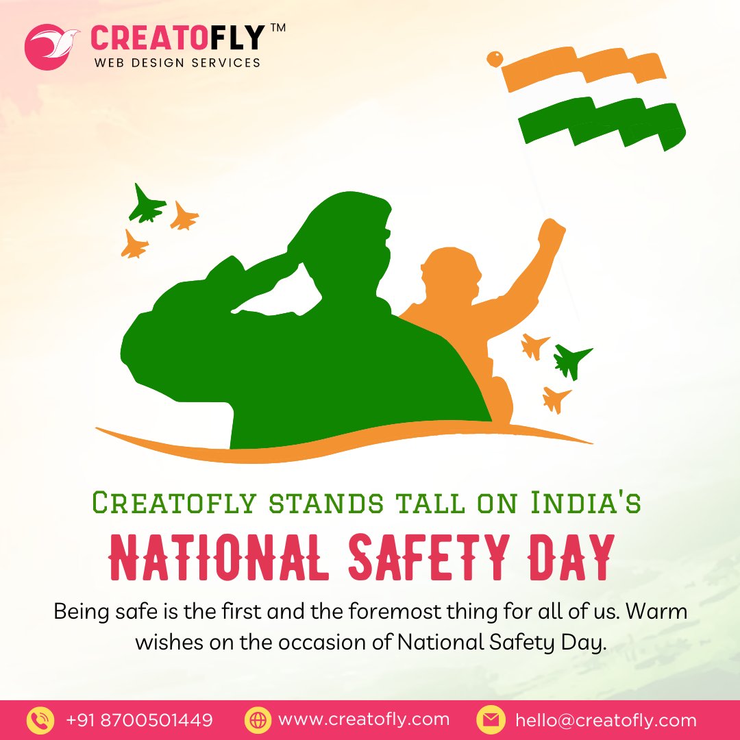 Creatofly stands tall on India's National Safety Day 

#creatofly #nationalsafetyday #safetyday #safetyweek #indianarmy #indianarmedforces #indiannavy #trendingtoday #viralnow