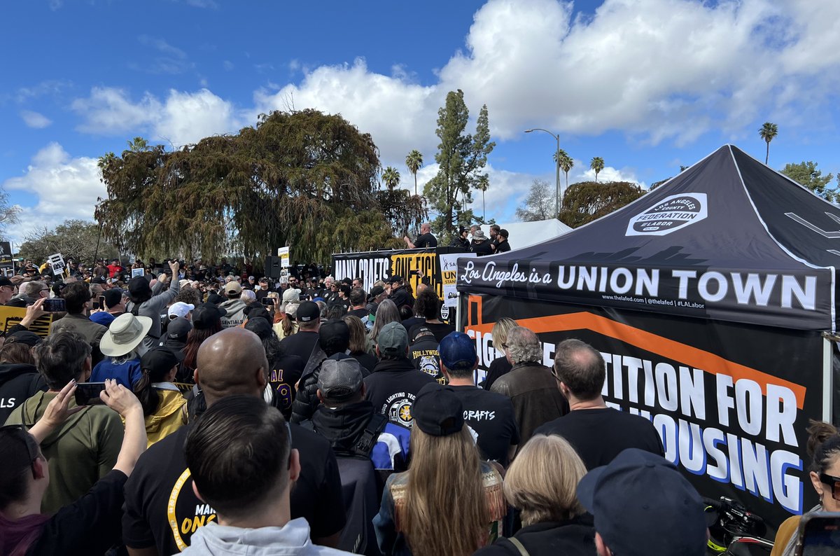 killitwithtruth's tweet image. Today's #IASolidarity rally was inspiring as hell. Special shout-out to the #WGA and #SAG members who came out to support us- it means so much.  We all deserve a living wage, rest, and safety. We deserve better. And we will get it. #ManyCraftsOneFight #NothingMovesWithoutTheCrew