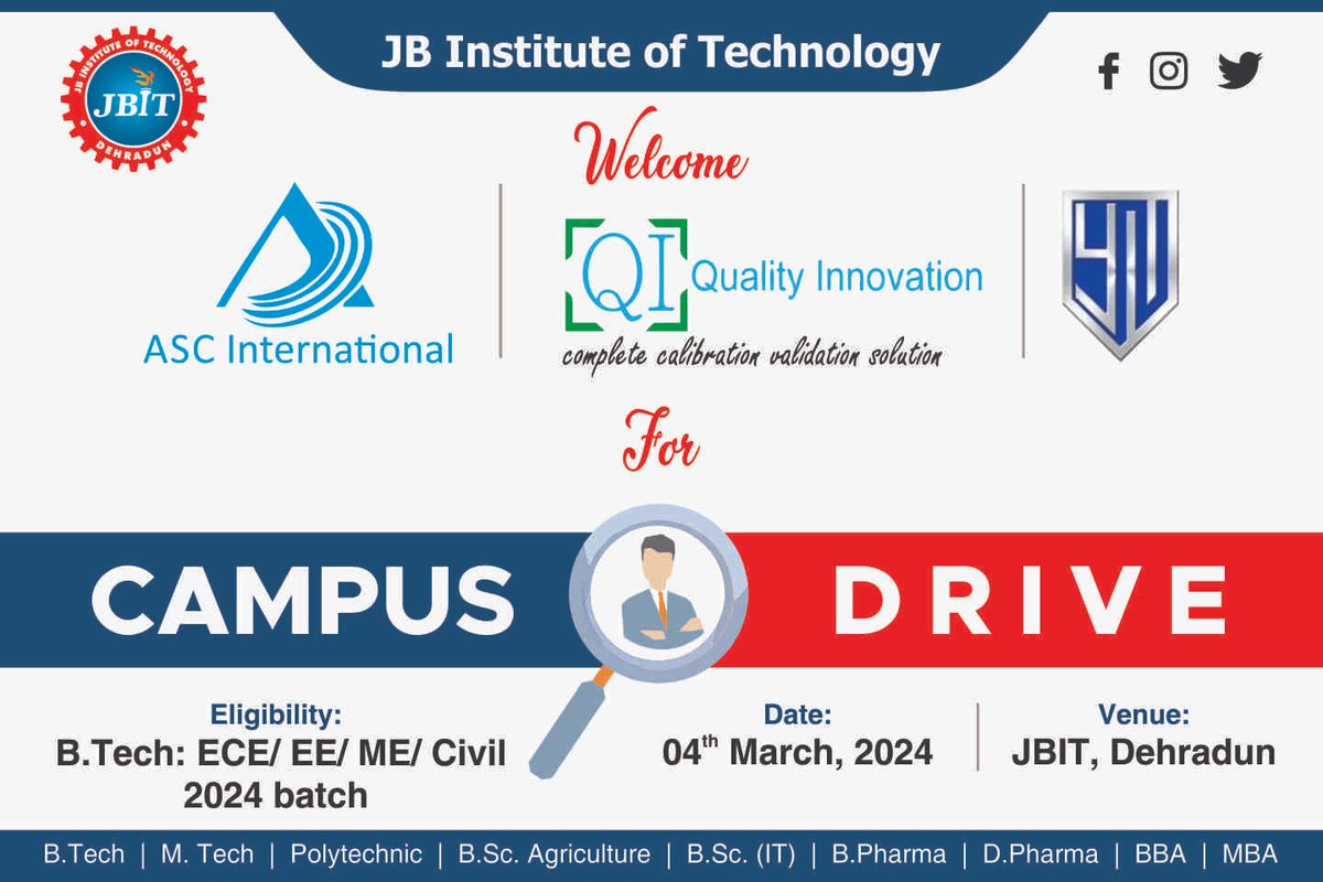 Students are requested to pay attention!!! We are pleased to announce that Campus Asc International, Yukinova Battery,
Quality Innovation will be held on 4th March 2024. #CampusDrive #JBITGroupOfInstitutions #AscInternational
#YukinovaBattery
#QualityInnovation
#DreamJob