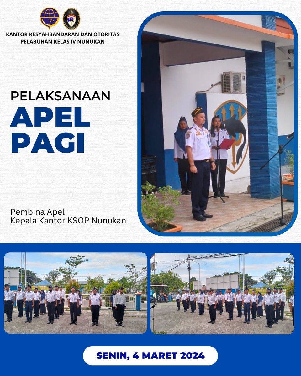 Senin, 4 Maret 2024
Giat rutin apel pagi yang dilaksanakan di halaman Kantor Kesyahbandaran dan Otoritas Pelabuhan Kelas IV Nunukan.

Sebagai pembina apel pagi Kepala Kantor dan di hadiri pegawai ASN, PPPK dan PPNPN.

#DJPLKemenhub 
#DJPLKemenhub151 #BekerjaDenganHati