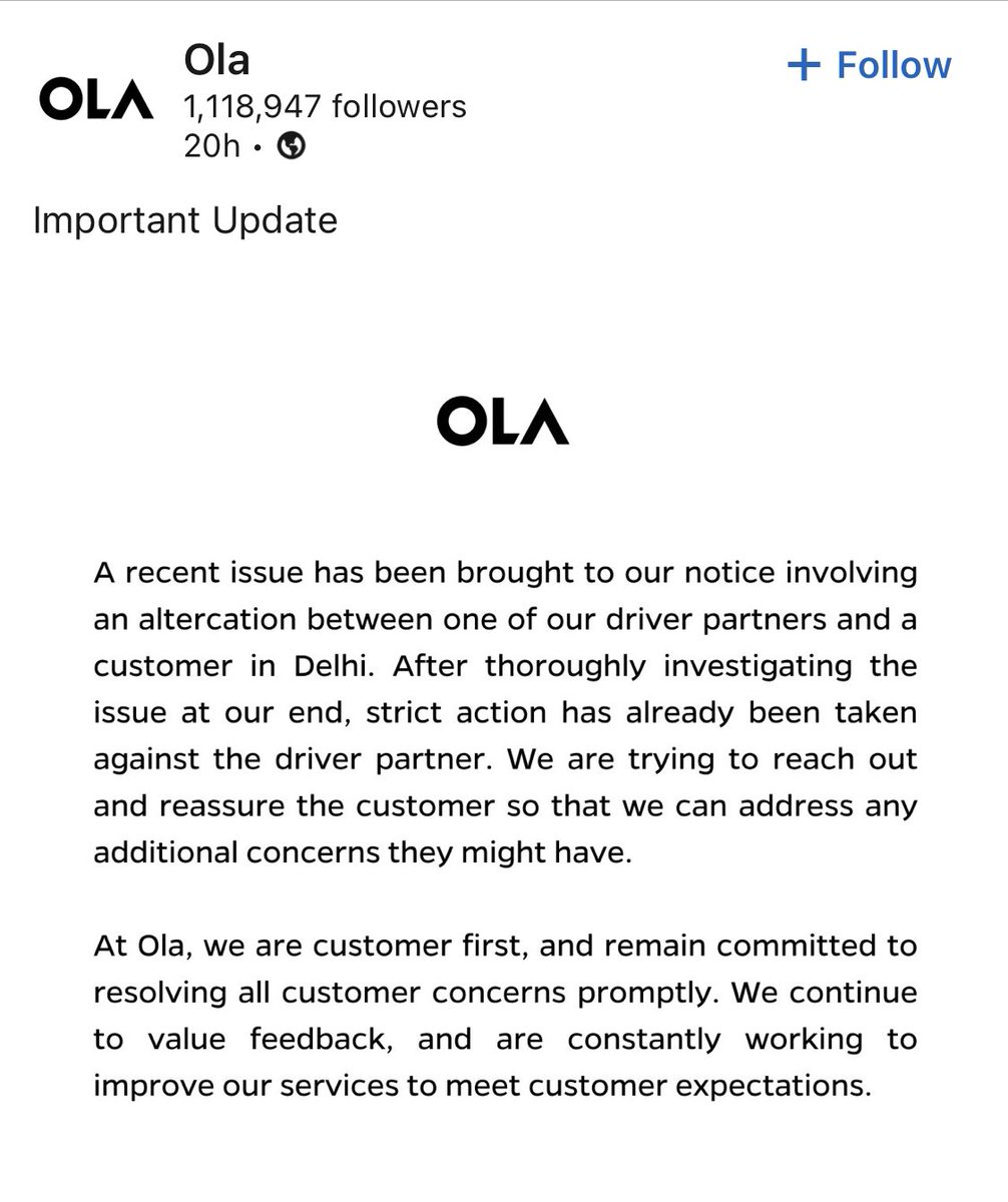 xainabs's tweet image. That’s it? That’s the best you could do? Post a lame, half a$$ update? @Olacabs @ola_supports ??

Looks like a bulli$h!t response compared to an incident where a father was slapped in front of his 6 year old.

#StopUsingOla