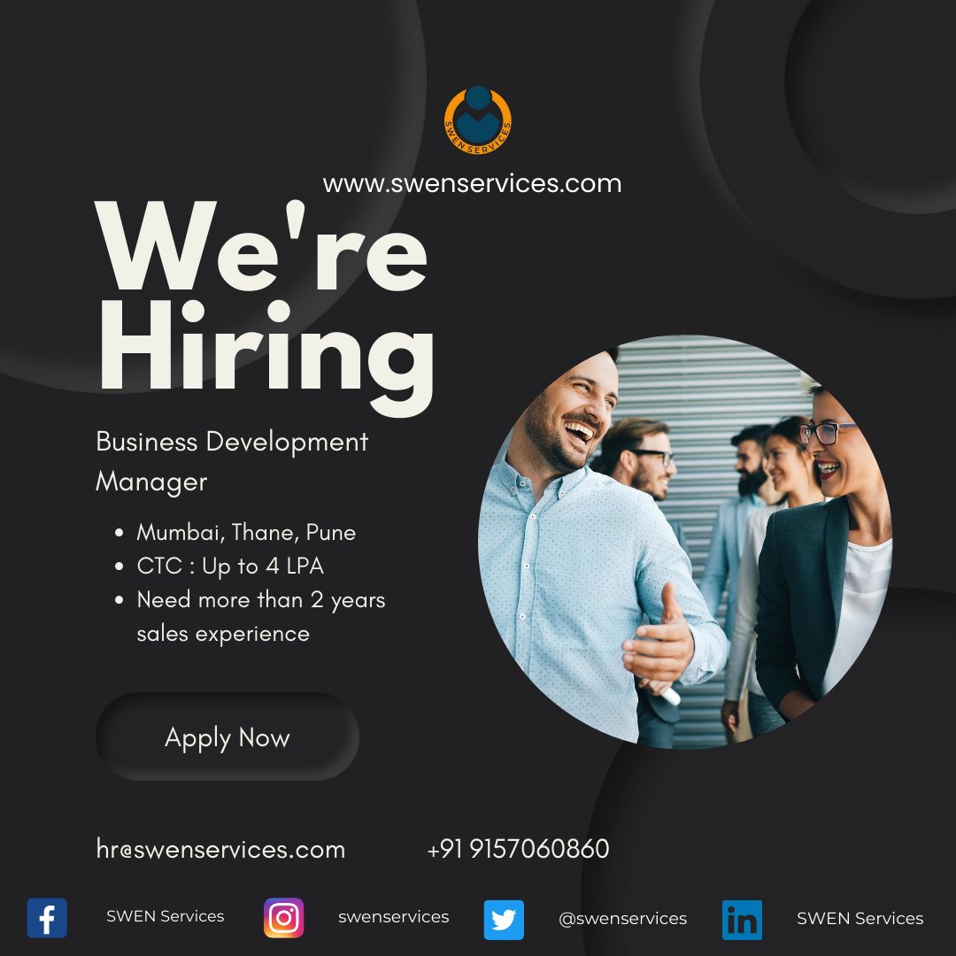 #hiring #businessdevelopmentmanager
Location :: Mumbai, Thane, Pune
CTC :: Up to 4 LPA
Need more than 2 years of any field sales experience
Call or share your resume on 9157060860 for more details.
Don't worry, Our services is absolutely free for all applicants.
#swenservices